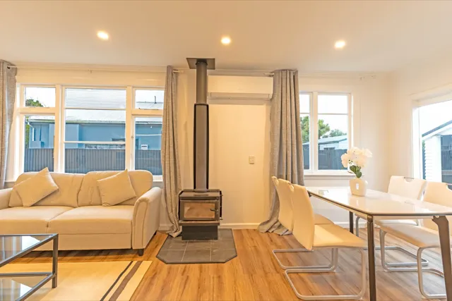 Staged living room with fireplace